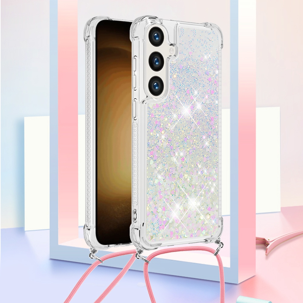 Glitters presýpacie gélový obal so šnúrkou na Samsung Galaxy S26/S26 Pro - ružovostrieborný/srdiečka