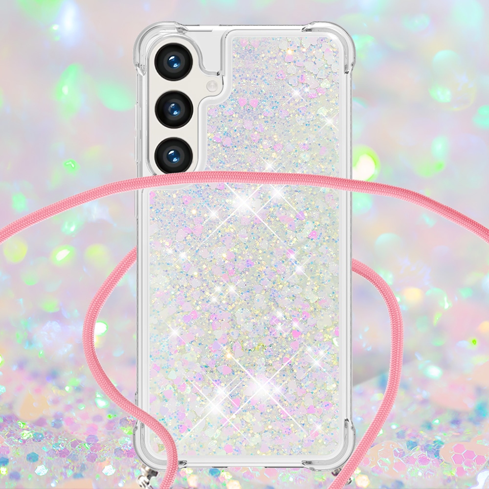 Glitters presýpacie gélový obal so šnúrkou na Samsung Galaxy S26/S26 Pro - ružovostrieborný/srdiečka