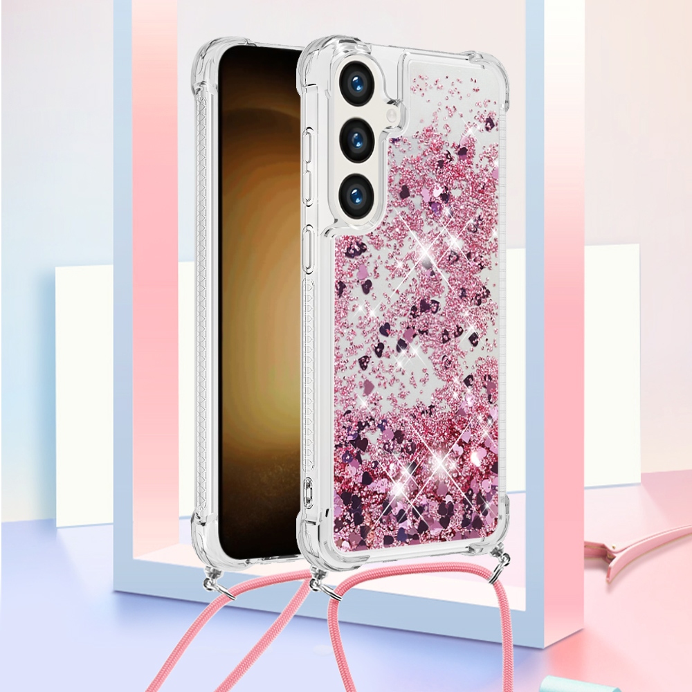 Glitters presýpací gélový obal so šnúrkou na Samsung Galaxy S26/S26 Pro - ružovozlatý/srdiečka