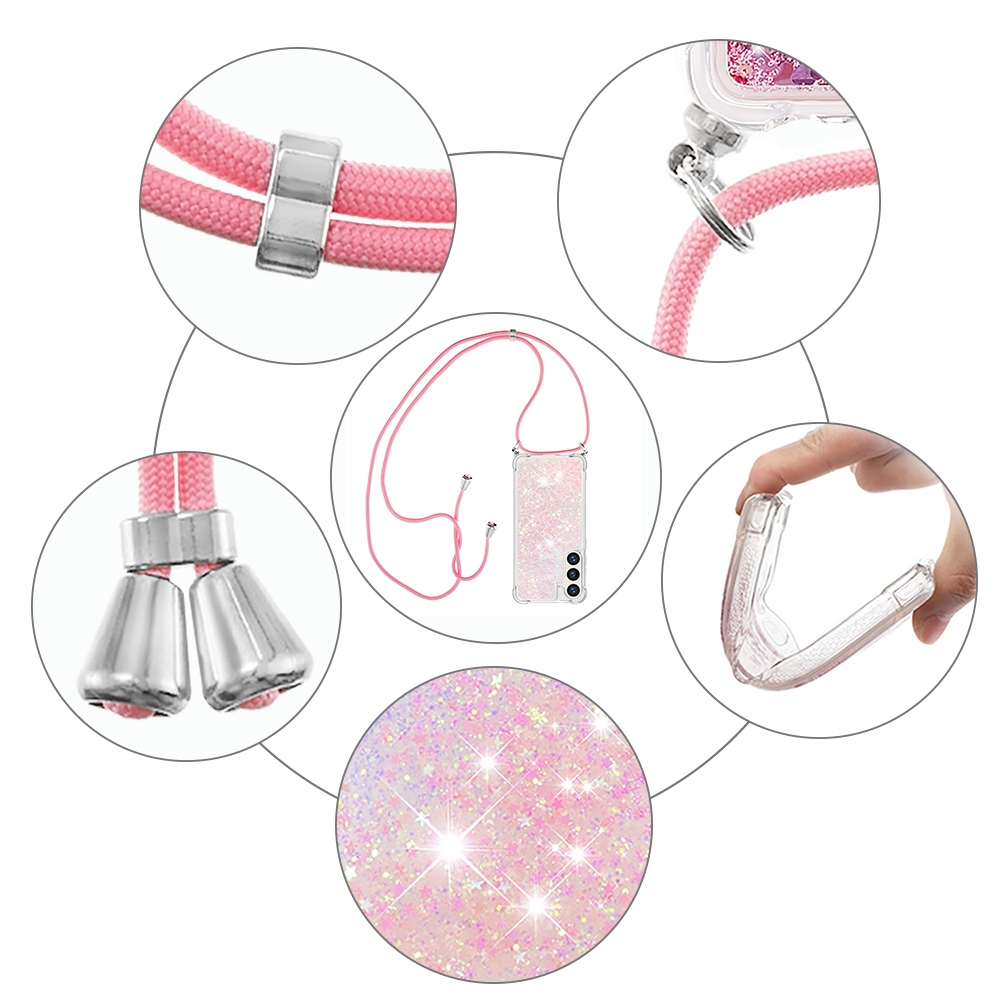 Glitters presýpacie gélový obal so šnúrkou na Samsung Galaxy S26/S26 Pro - ružový/hviezdičky