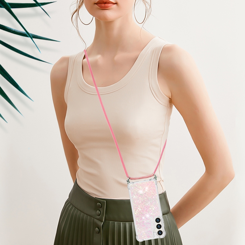 Glitters presýpacie gélový obal so šnúrkou na Samsung Galaxy S26/S26 Pro - ružový/hviezdičky