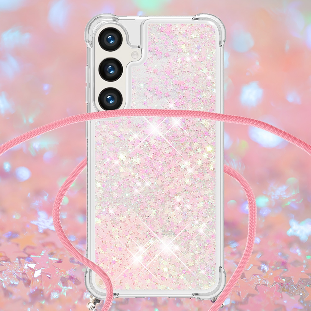 Glitters presýpacie gélový obal so šnúrkou na Samsung Galaxy S26/S26 Pro - ružový/hviezdičky