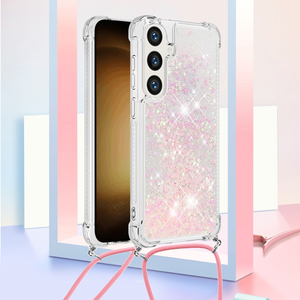 Glitters presýpacie gélový obal so šnúrkou na Samsung Galaxy S26/S26 Pro - ružový/hviezdičky