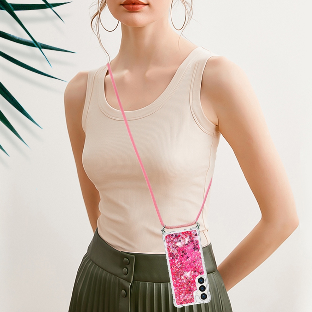 Glitters presýpacie gélový obal so šnúrkou na Samsung Galaxy S26/S26 Pro - ružový/srdiečka