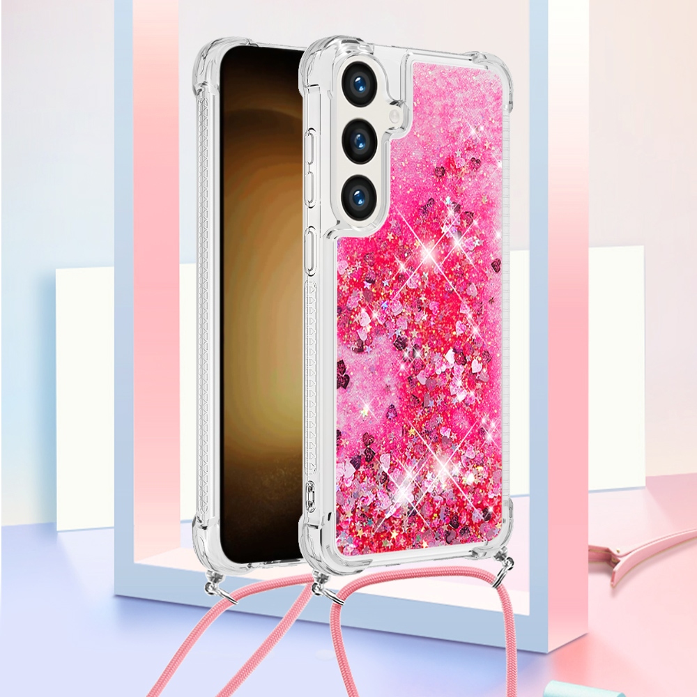Glitters presýpacie gélový obal so šnúrkou na Samsung Galaxy S26/S26 Pro - ružový/srdiečka