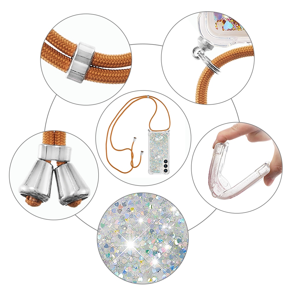 Glitters presýpacie gélový obal so šnúrkou na Samsung Galaxy S26/S26 Pro - strieborný/srdiečka