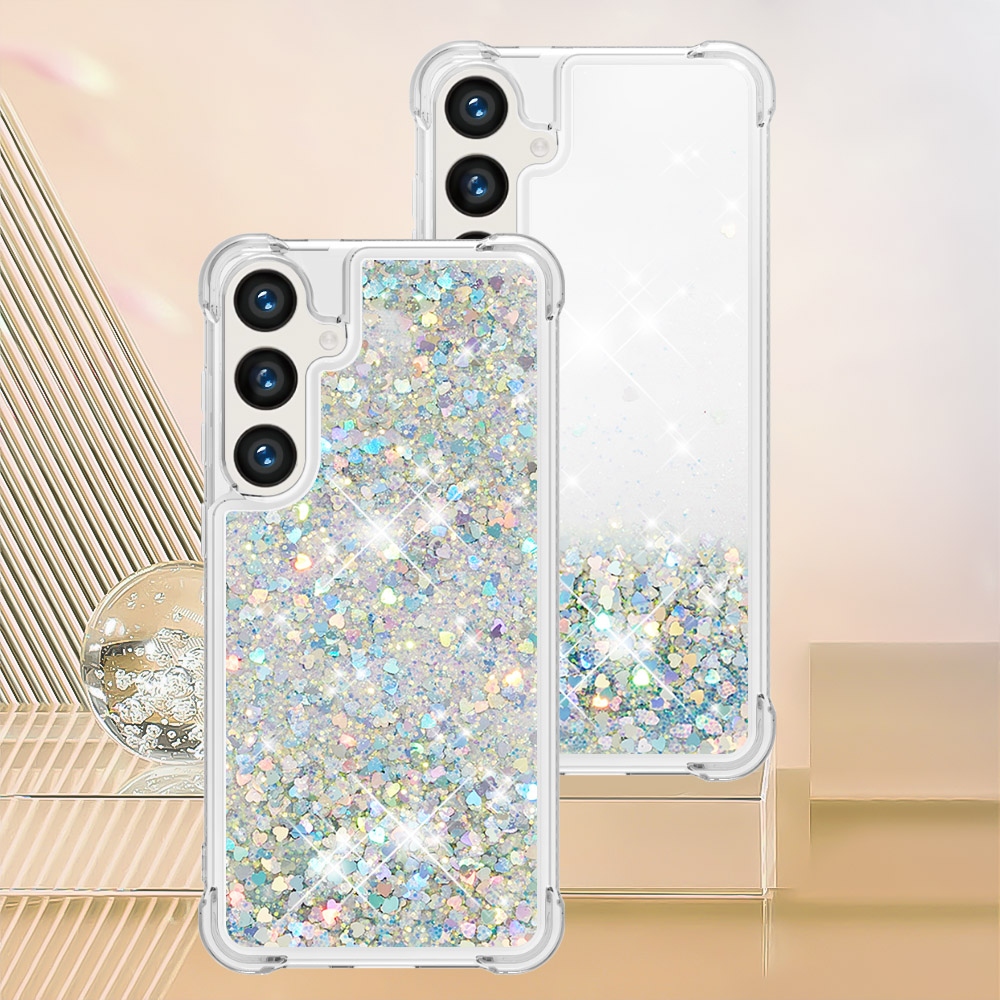 Glitters presýpacie gélový obal so šnúrkou na Samsung Galaxy S26/S26 Pro - strieborný/srdiečka