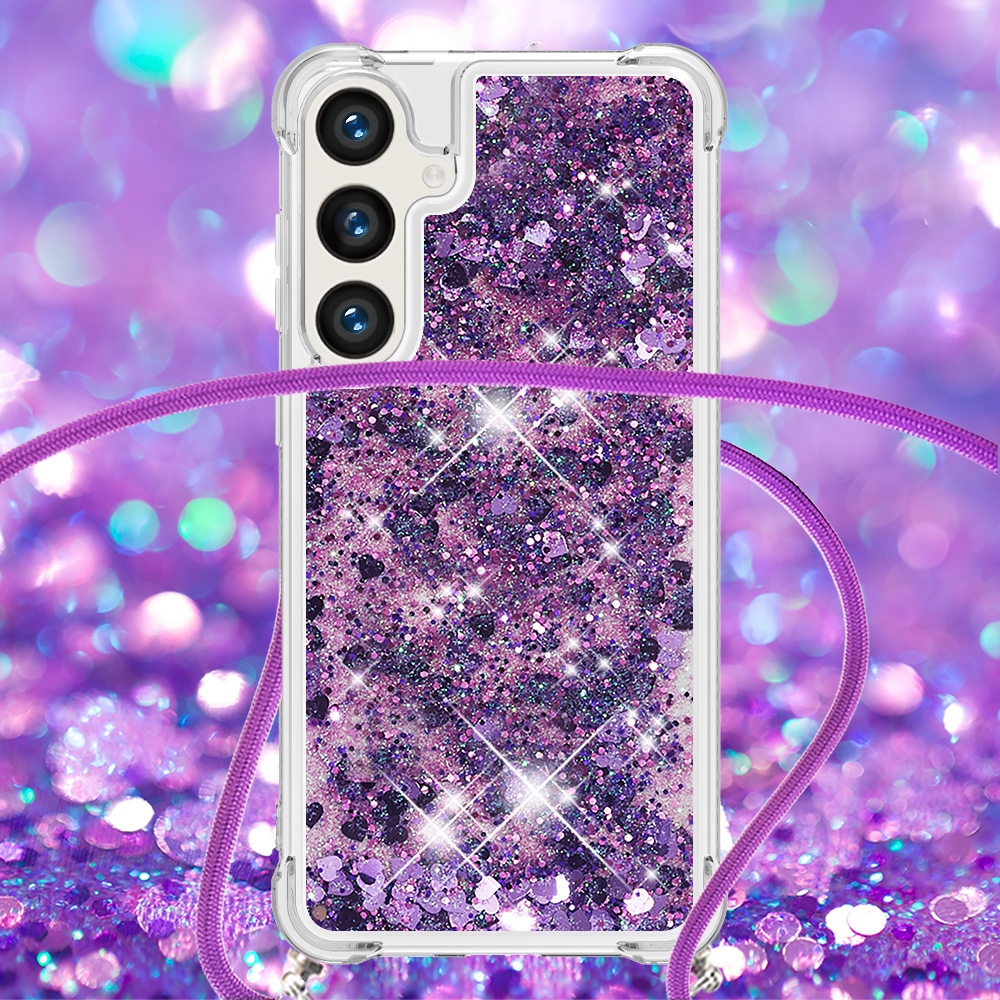 Glitters presýpacie gélový obal so šnúrkou na Samsung Galaxy S26/S26 Pro - tmavofialový/srdiečka