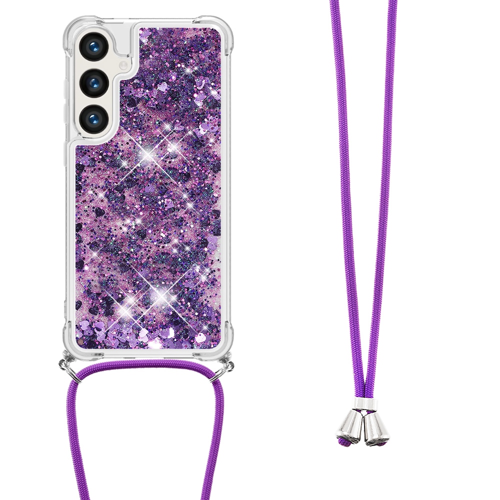 Glitters presýpacie gélový obal so šnúrkou na Samsung Galaxy S26/S26 Pro - tmavofialový/srdiečka