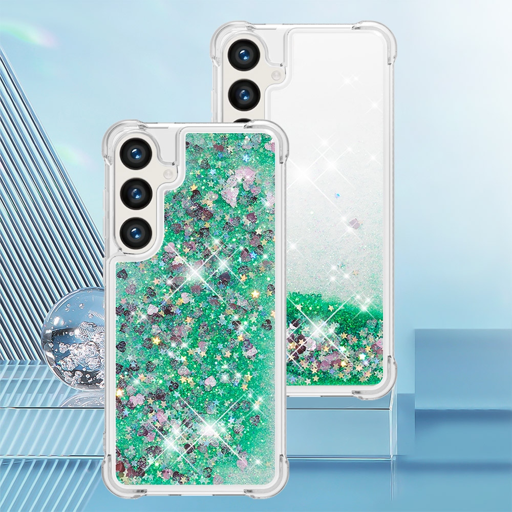 Glitters presýpacie gélový obal so šnúrkou na Samsung Galaxy S26/S26 Pro - zelený/srdiečka