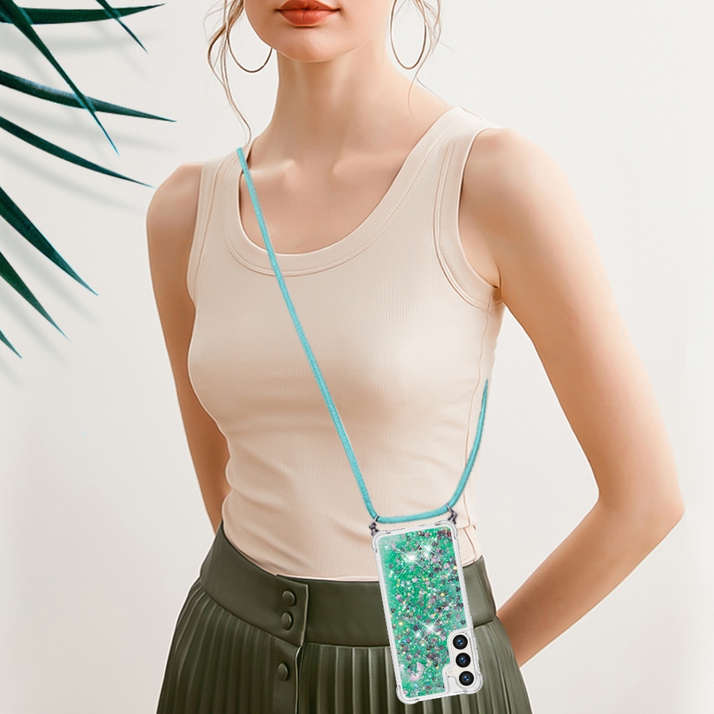 Glitters presýpacie gélový obal so šnúrkou na Samsung Galaxy S26/S26 Pro - zelený/srdiečka