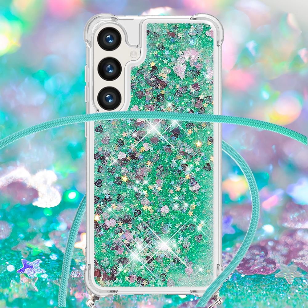 Glitters presýpacie gélový obal so šnúrkou na Samsung Galaxy S26/S26 Pro - zelený/srdiečka
