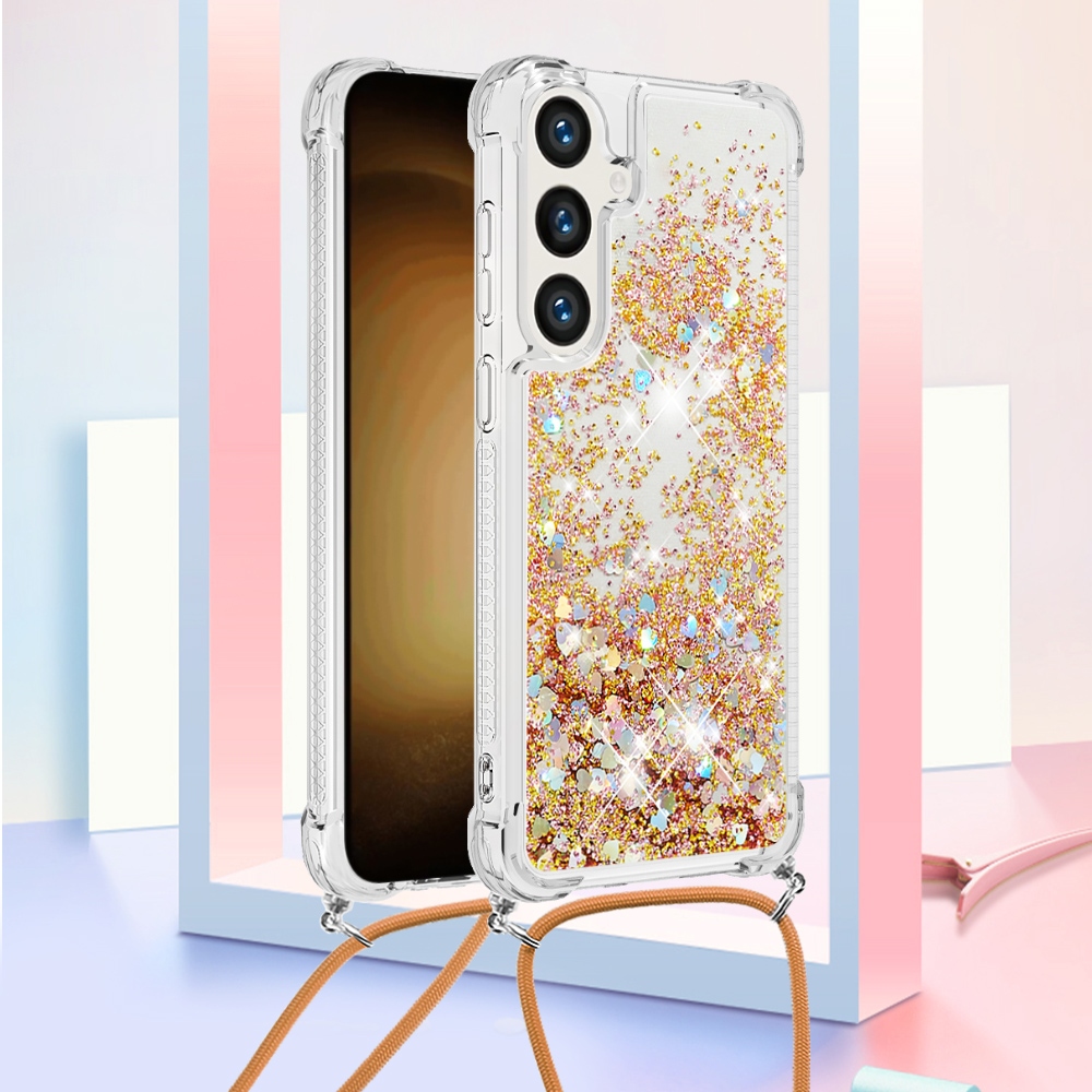 Glitters presýpacie gélový obal so šnúrkou na Samsung Galaxy S26/S26 Pro - zlatý/srdiečka