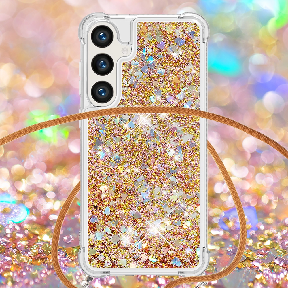 Glitters presýpacie gélový obal so šnúrkou na Samsung Galaxy S26/S26 Pro - zlatý/srdiečka