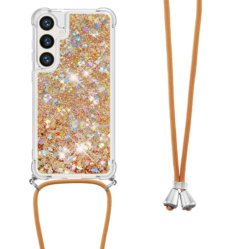 Glitters presýpacie gélový obal so šnúrkou na Samsung Galaxy S26/S26 Pro - zlatý/srdiečka