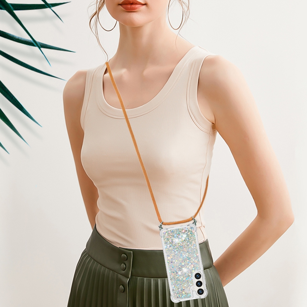 Glitters presýpací gélový obal so šnúrkou na Samsung Galaxy S26+ - strieborný/srdiečka