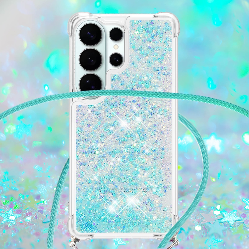 Glitters presýpacie gélový obal so šnúrkou na Samsung Galaxy S26 Ultra - modrý/hviezdičky