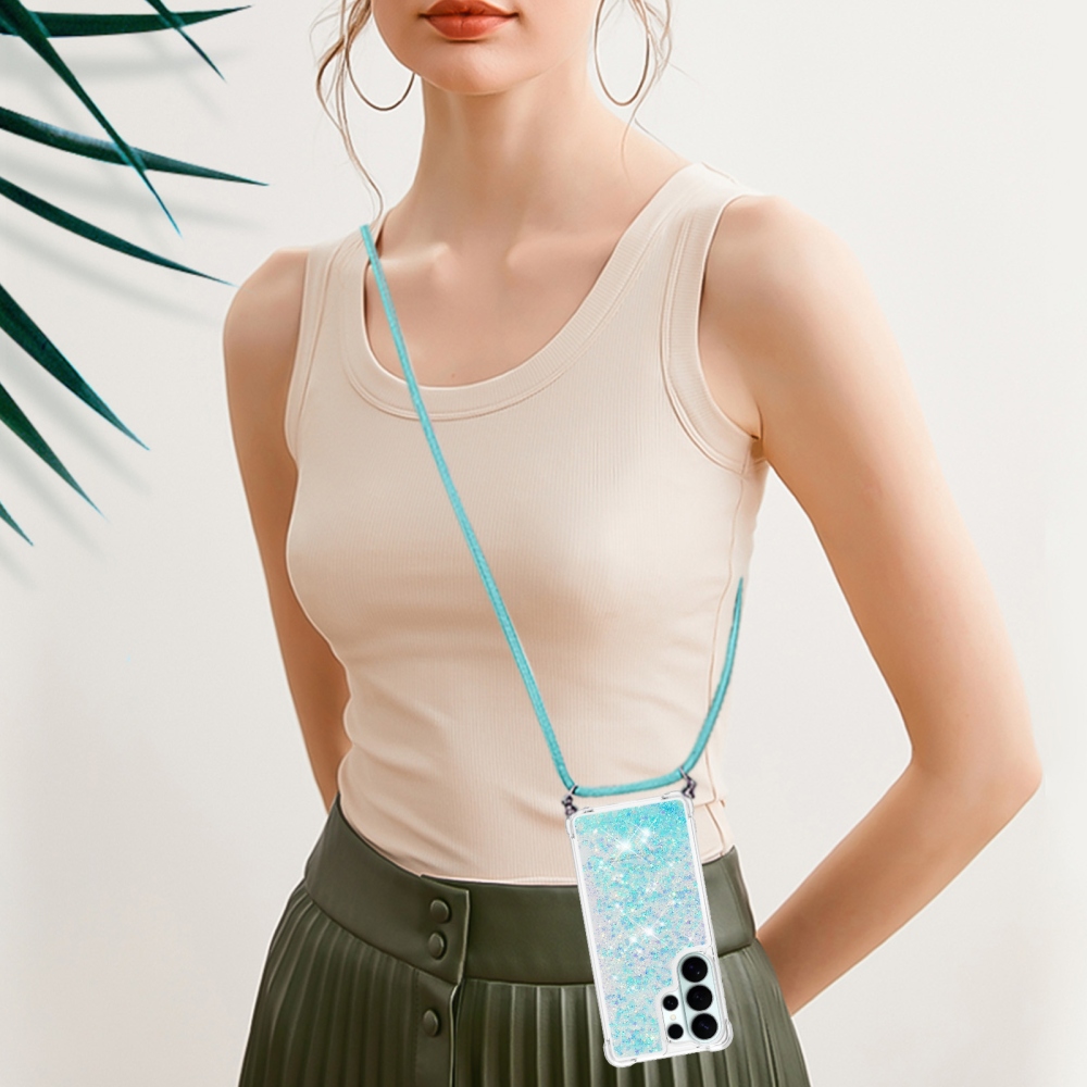 Glitters presýpacie gélový obal so šnúrkou na Samsung Galaxy S26 Ultra - modrý/hviezdičky