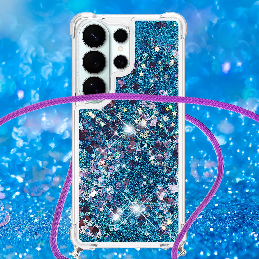 Glitters presýpacie gélový obal so šnúrkou na Samsung Galaxy S26 Ultra - modrý/srdiečka