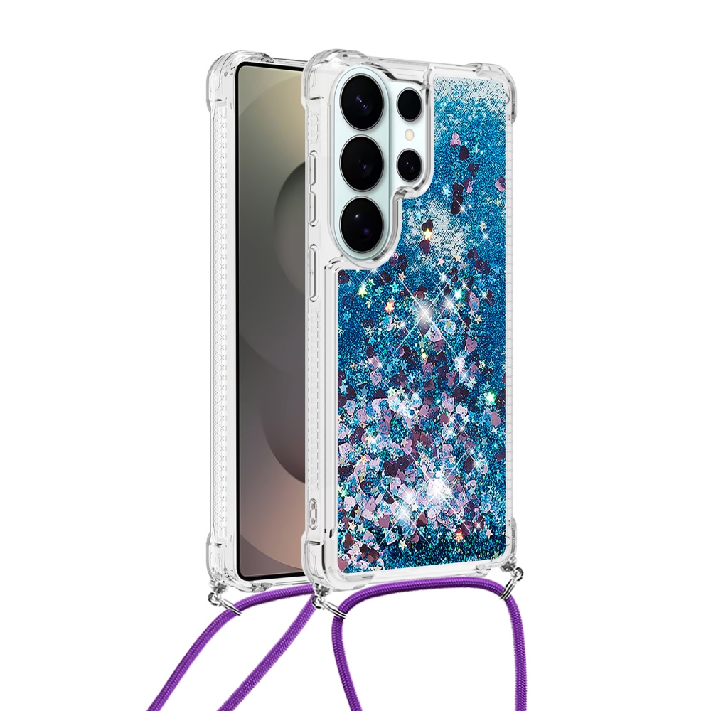 Glitters presýpacie gélový obal so šnúrkou na Samsung Galaxy S26 Ultra - modrý/srdiečka