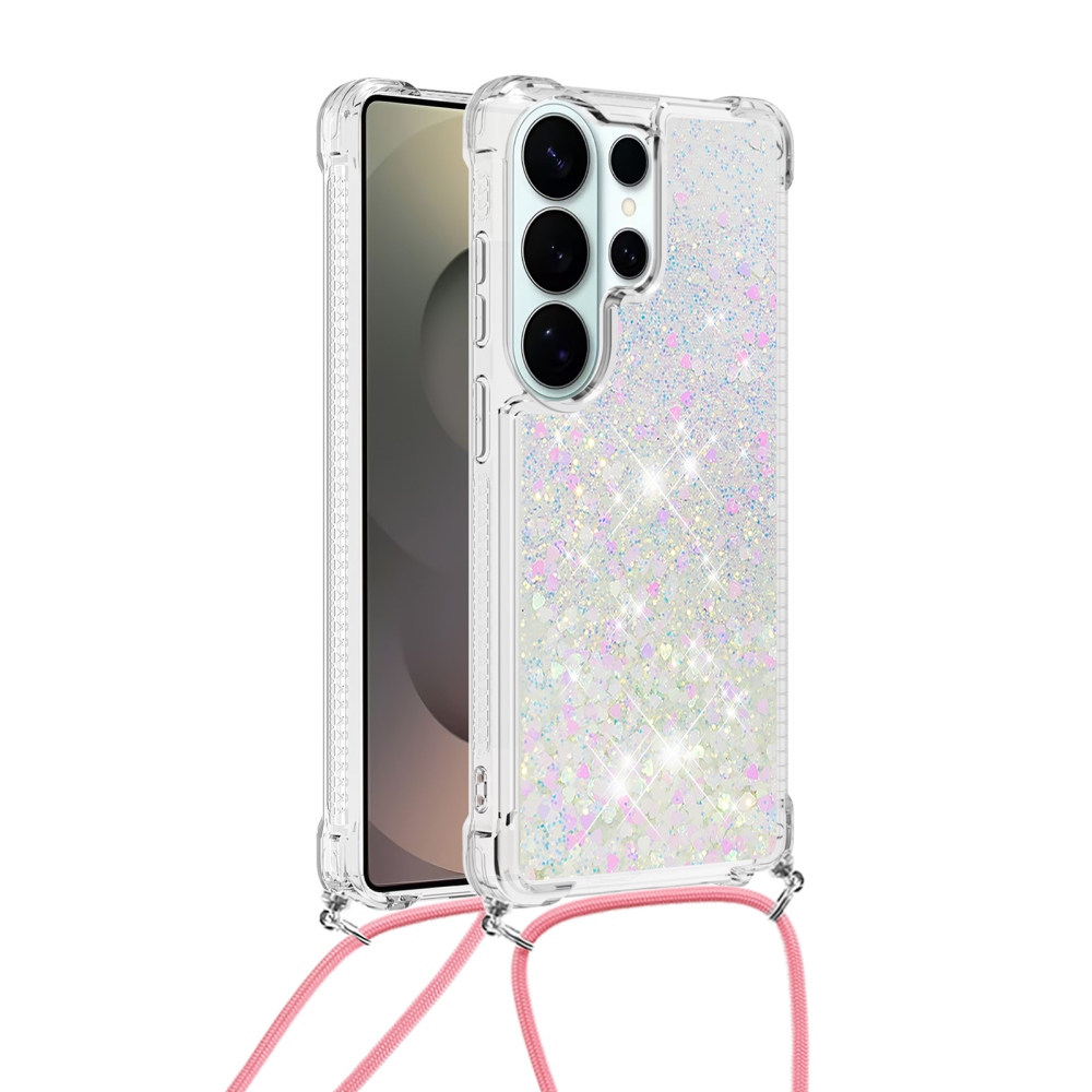Glitters presýpacie gélový obal so šnúrkou na Samsung Galaxy S26 Ultra - ružovo strieborný/srdiečka