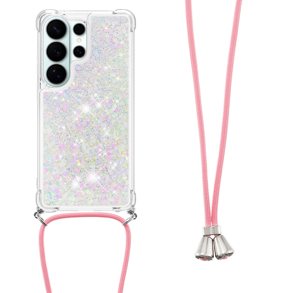 Glitters presýpacie gélový obal so šnúrkou na Samsung Galaxy S26 Ultra - ružovo strieborný/srdiečka