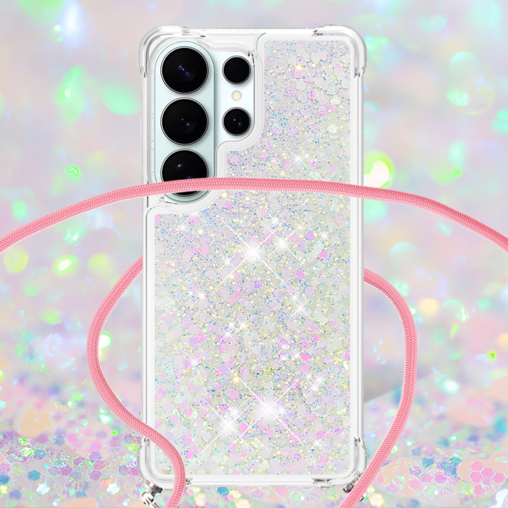 Glitters presýpacie gélový obal so šnúrkou na Samsung Galaxy S26 Ultra - ružovo strieborný/srdiečka