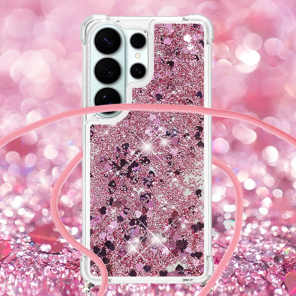 Glitters presýpacie gélový obal so šnúrkou na Samsung Galaxy S26 Ultra - ružovozlatý/srdiečka