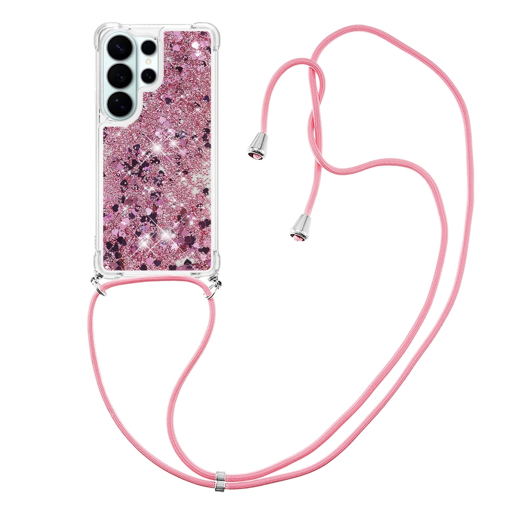 Glitters presýpacie gélový obal so šnúrkou na Samsung Galaxy S26 Ultra - ružovozlatý/srdiečka