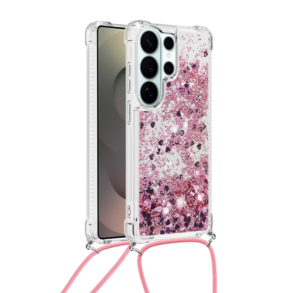 Glitters presýpacie gélový obal so šnúrkou na Samsung Galaxy S26 Ultra - ružovozlatý/srdiečka