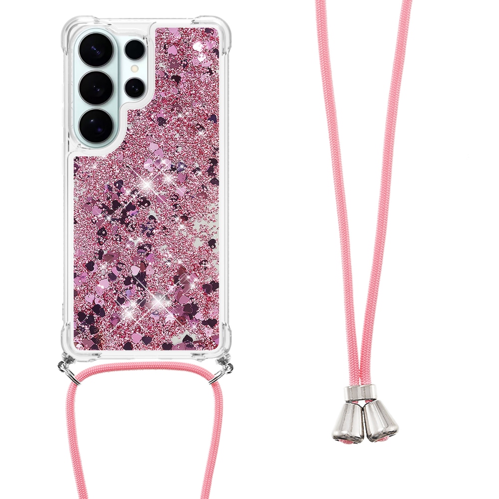 Glitters presýpacie gélový obal so šnúrkou na Samsung Galaxy S26 Ultra - ružovozlatý/srdiečka