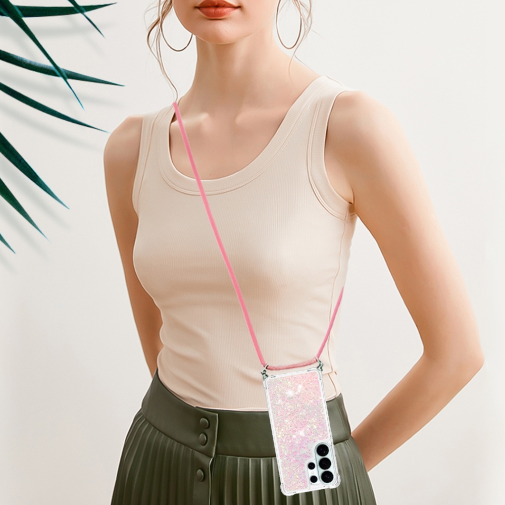 Glitters presýpacie gélový obal so šnúrkou na Samsung Galaxy S26 Ultra - ružový/hviezdičky