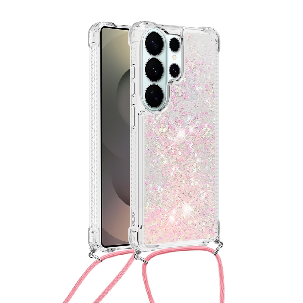 Glitters presýpacie gélový obal so šnúrkou na Samsung Galaxy S26 Ultra - ružový/hviezdičky