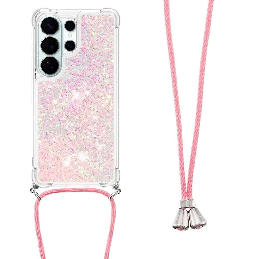 Glitters presýpacie gélový obal so šnúrkou na Samsung Galaxy S26 Ultra - ružový/hviezdičky