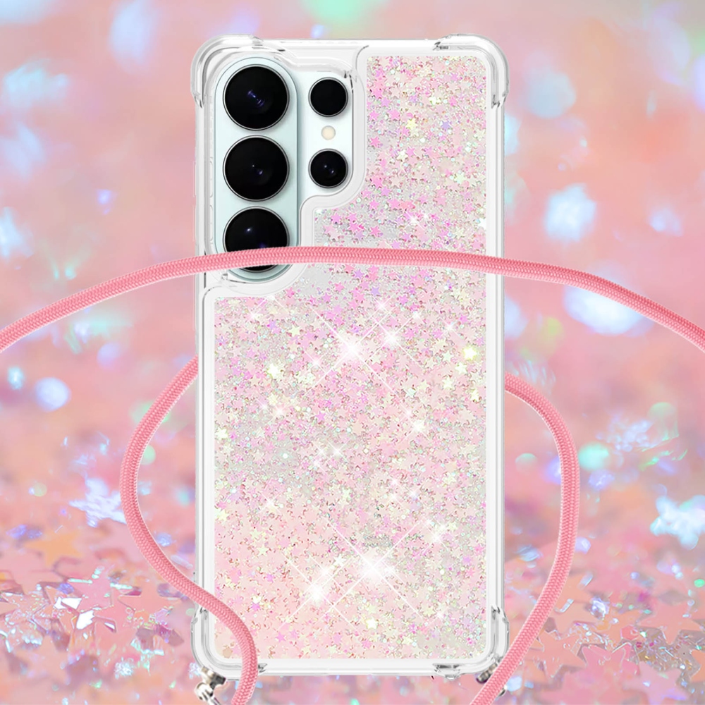 Glitters presýpacie gélový obal so šnúrkou na Samsung Galaxy S26 Ultra - ružový/hviezdičky