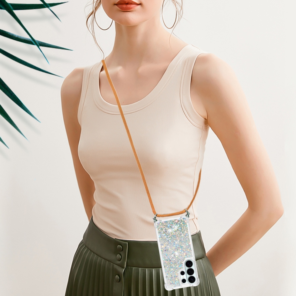 Glitters presýpacie gélový obal so šnúrkou na Samsung Galaxy S26 Ultra - strieborný/srdiečka