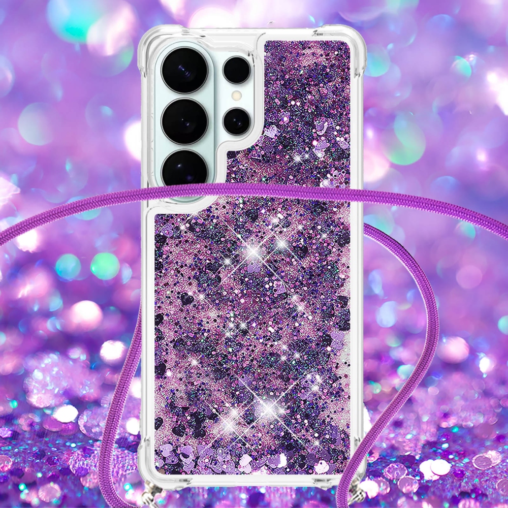 Glitters presýpacie gélový obal so šnúrkou na Samsung Galaxy S26 Ultra - tmavofialový/srdiečka
