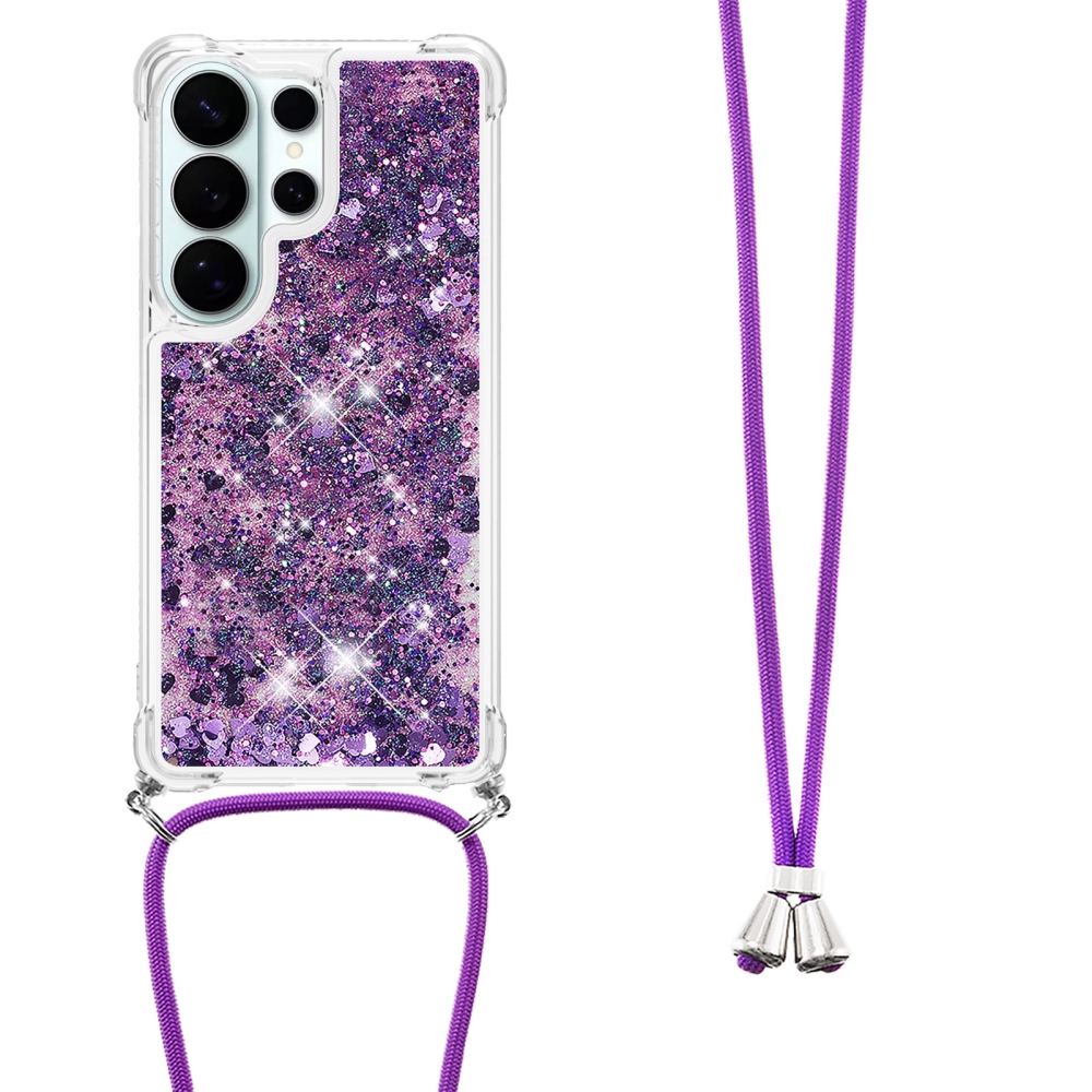 Glitters presýpacie gélový obal so šnúrkou na Samsung Galaxy S26 Ultra - tmavofialový/srdiečka