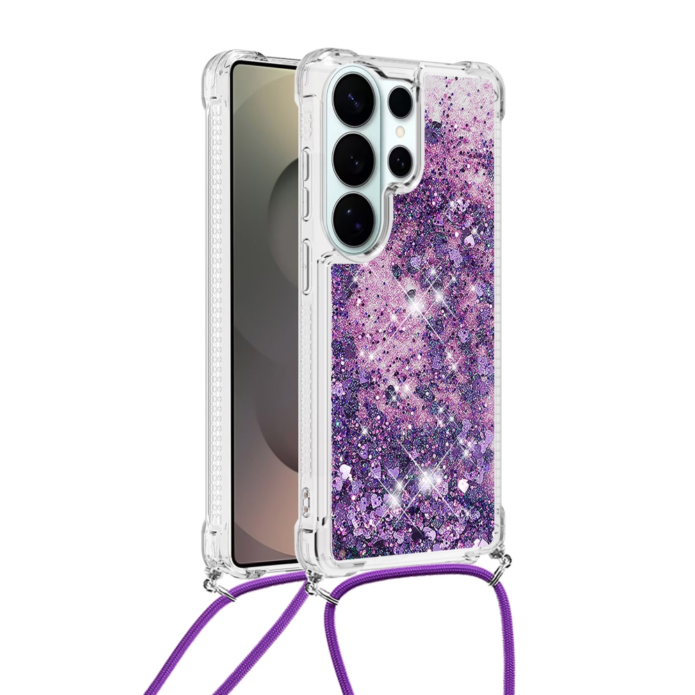 Glitters presýpacie gélový obal so šnúrkou na Samsung Galaxy S26 Ultra - tmavofialový/srdiečka