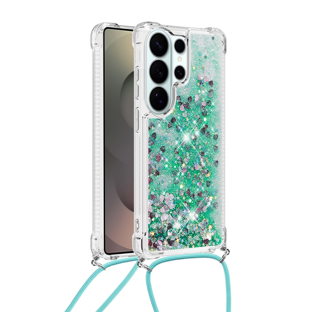 Glitters presýpacie gélový obal so šnúrkou na Samsung Galaxy S26 Ultra - zelený/srdiečka