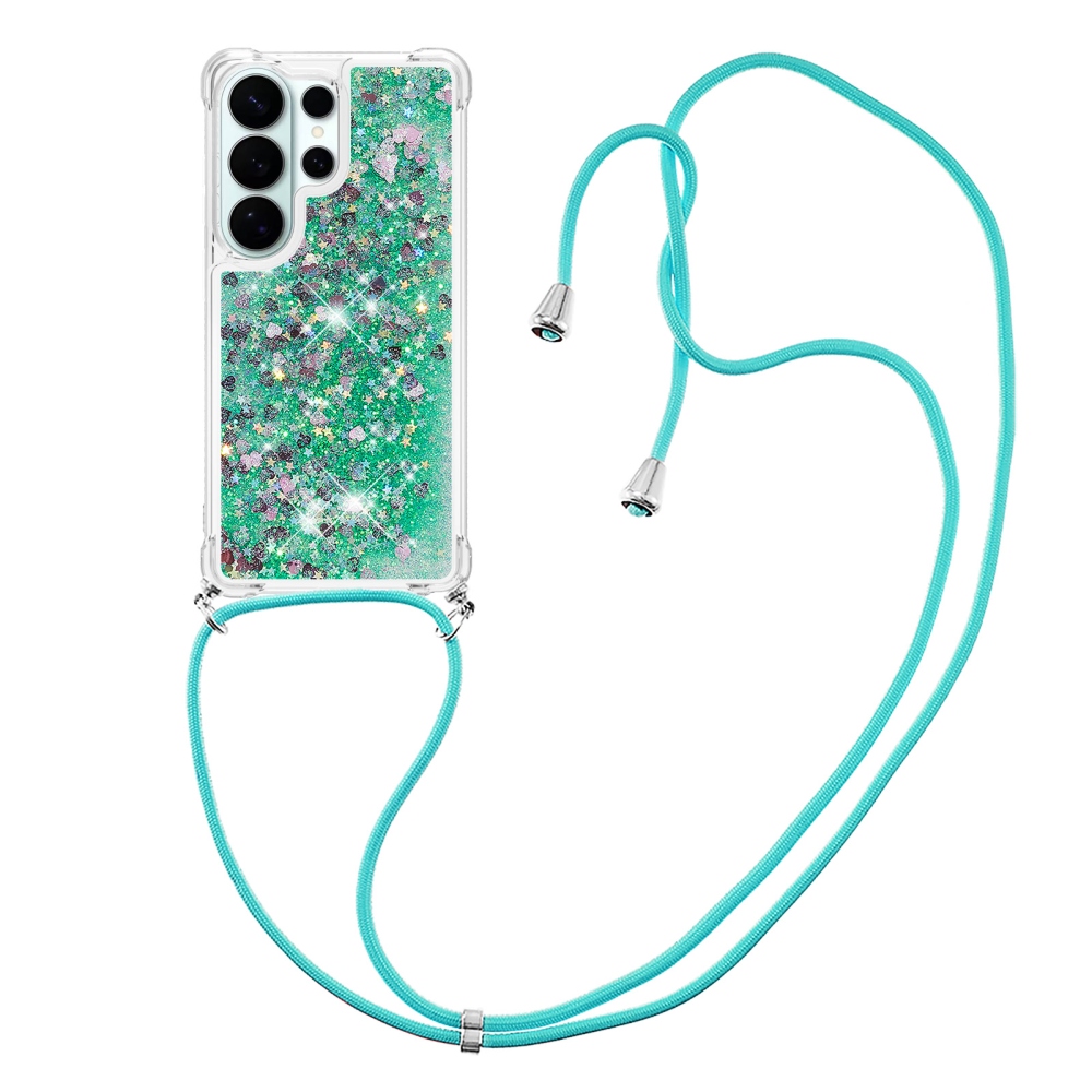 Glitters presýpacie gélový obal so šnúrkou na Samsung Galaxy S26 Ultra - zelený/srdiečka