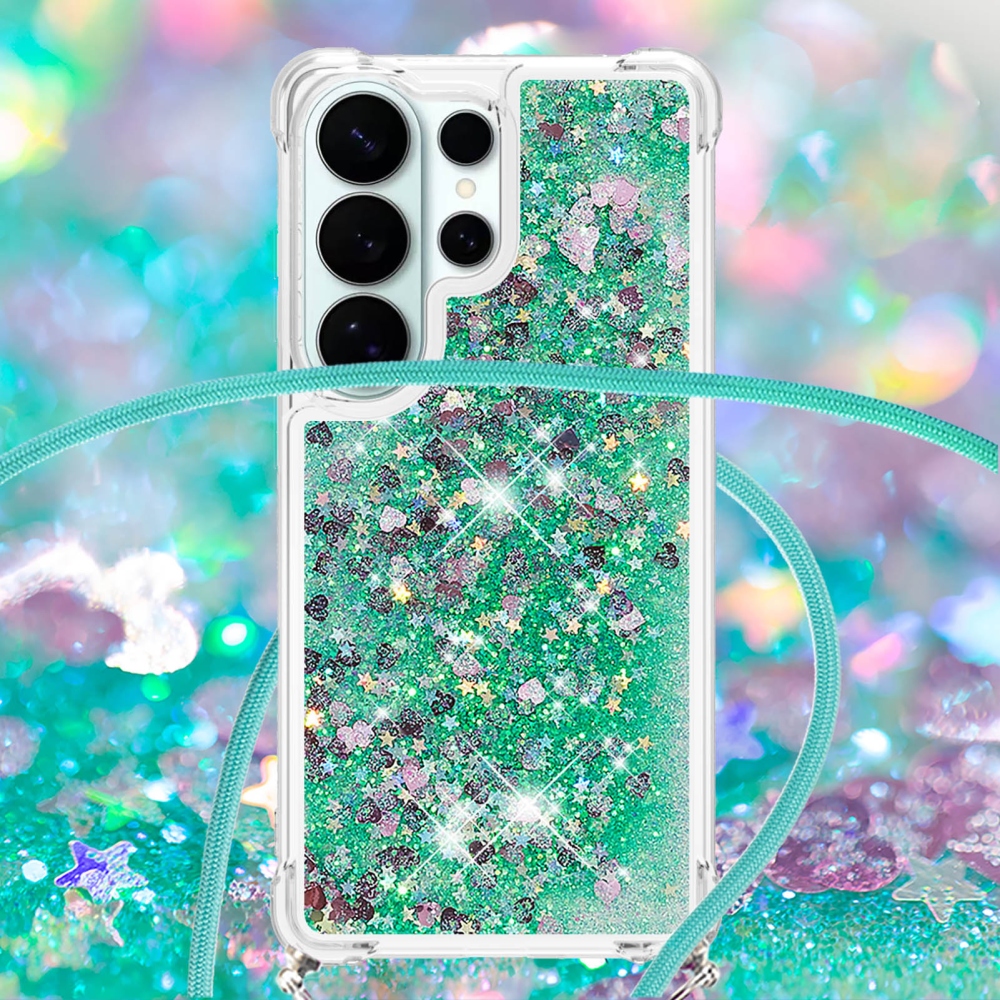 Glitters presýpacie gélový obal so šnúrkou na Samsung Galaxy S26 Ultra - zelený/srdiečka