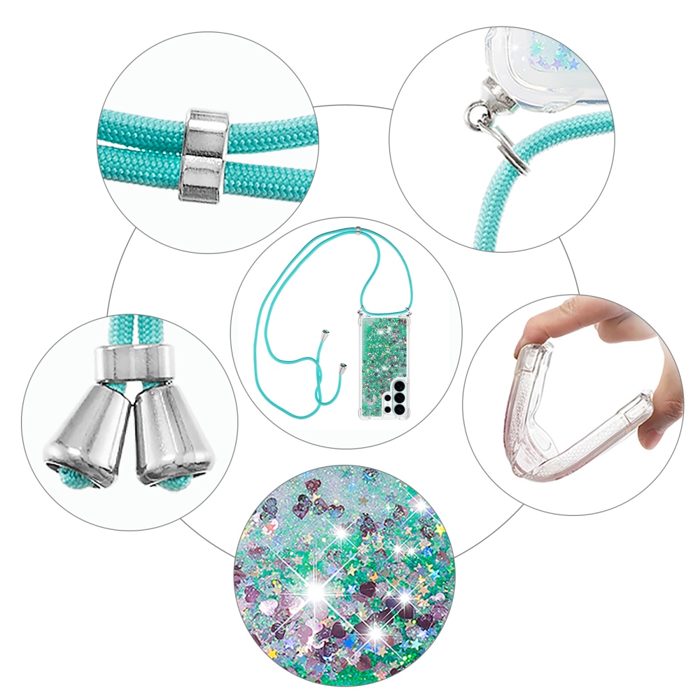 Glitters presýpacie gélový obal so šnúrkou na Samsung Galaxy S26 Ultra - zelený/srdiečka