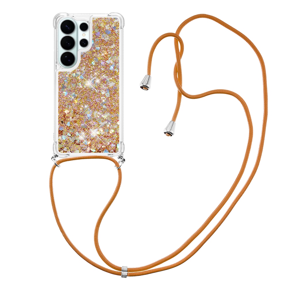 Glitters presýpacie gélový obal so šnúrkou na Samsung Galaxy S26 Ultra - zlatý/srdiečka