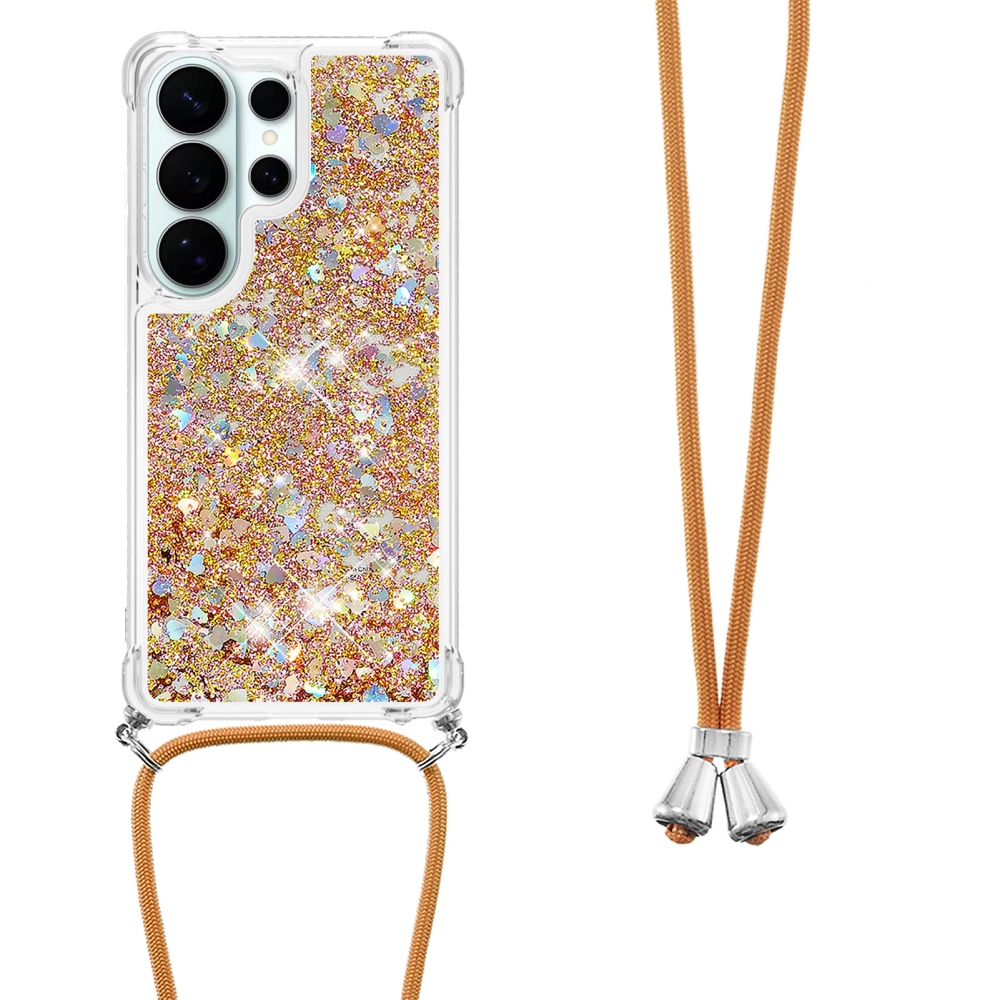 Glitters presýpacie gélový obal so šnúrkou na Samsung Galaxy S26 Ultra - zlatý/srdiečka