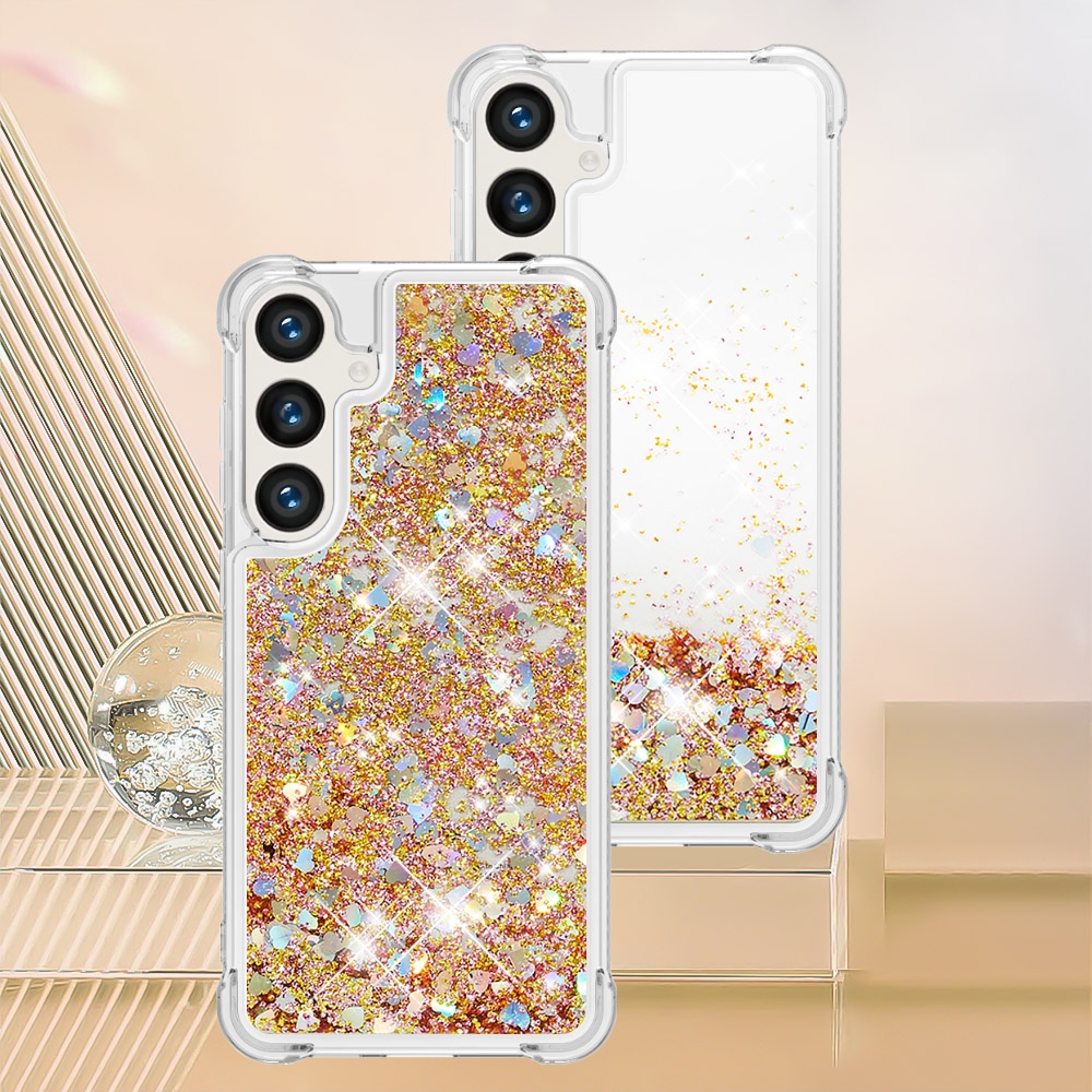 Glitters presýpací gélový obal so šnúrkou na Samsung Galaxy S26+ - zlatý/srdiečka