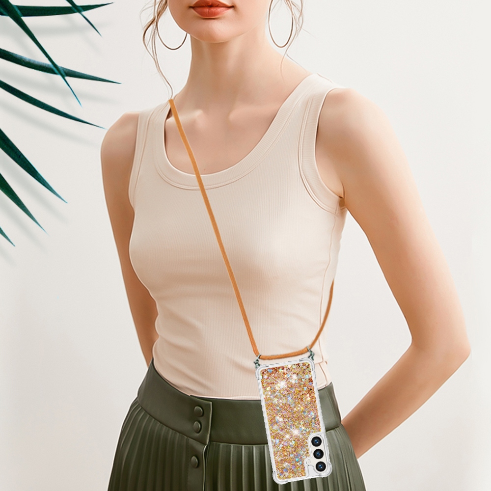 Glitters presýpací gélový obal so šnúrkou na Samsung Galaxy S26+ - zlatý/srdiečka