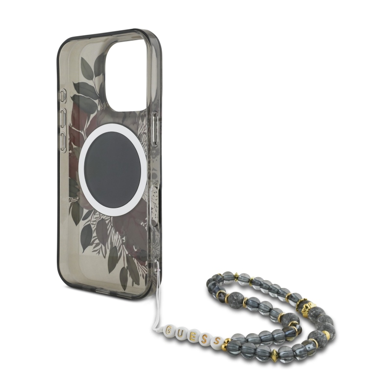Guess IML Flowers Pearl Strap MagSafe Zadný Kryt pre iPhone 16 Pro Max Black