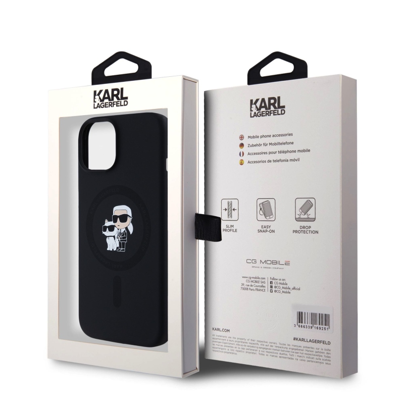 Karl Lagerfeld Liquid Silicone Karl and Choupette Magsafe Zadný Kryt pre iPhone 15 Black