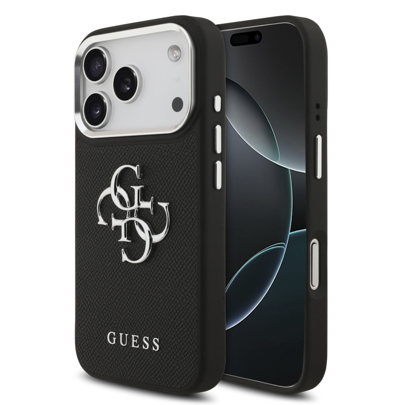 Guess PU zrnitý 4G kovový zadný kryt s logom pre iPhone 17 Pro Black